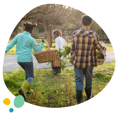 enfants à la campagne dans un potager, comme les enfants accueillis en séjour de vacances avec l'association louis conlombant